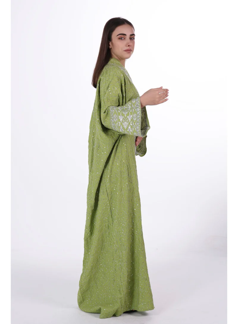 AL BENT AL SHARQIEH kiwi Embroidered Linen Jalabiya dress with unvisible belt for Women | Best Price UAE